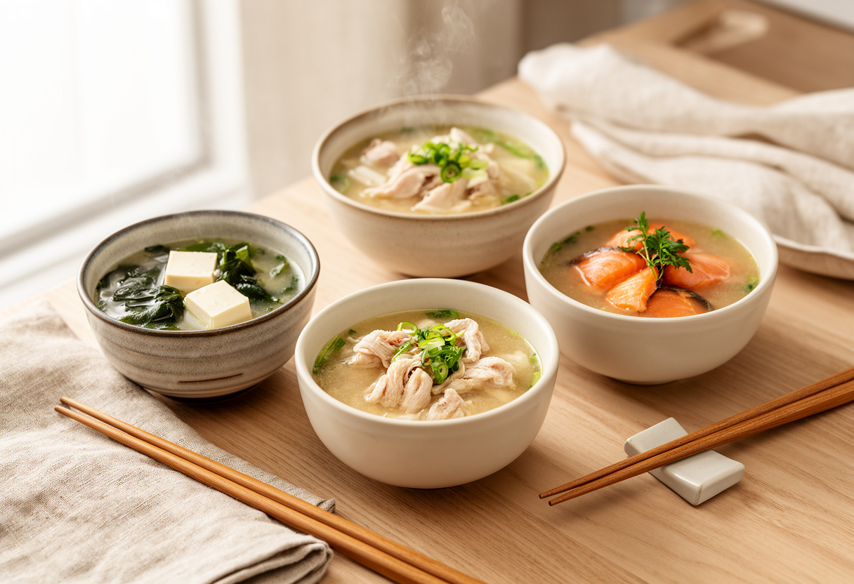 Warianty zupy miso z tofu, kurczakiem i łososiem