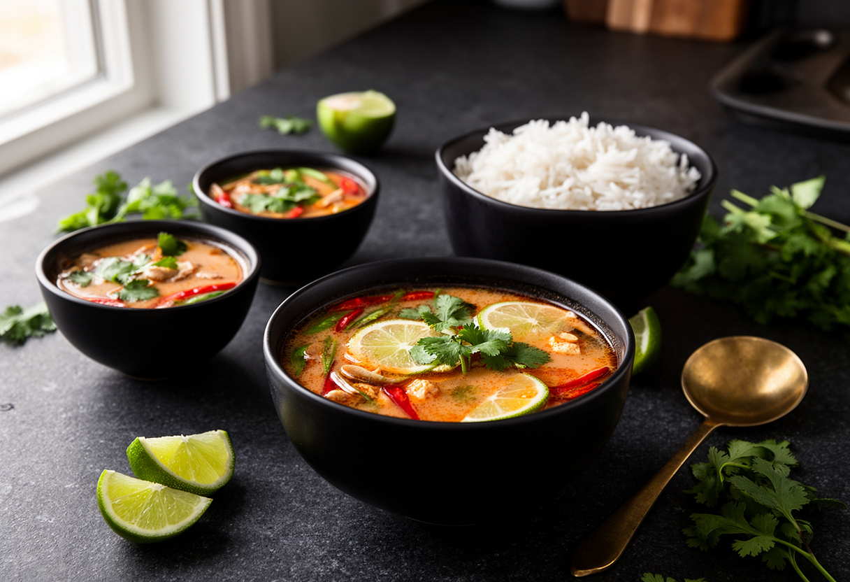 Podanie zupy tom yum z ryżem jaśminowym i limonką
