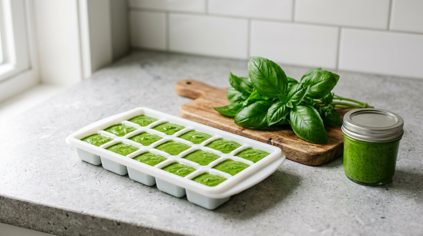 Silikonowa foremka do lodu z zieloną pastą z bazylii i oleju, obok pęczek świeżej bazylii i mały słoik pesto