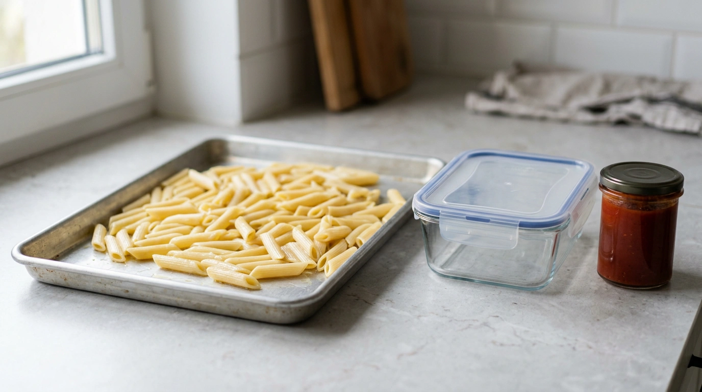Ugotowany makaron penne rozłożony płasko na tacy do ostudzenia, obok szklany pojemnik z pokrywką i osobny słoik z sosem pomidorowym