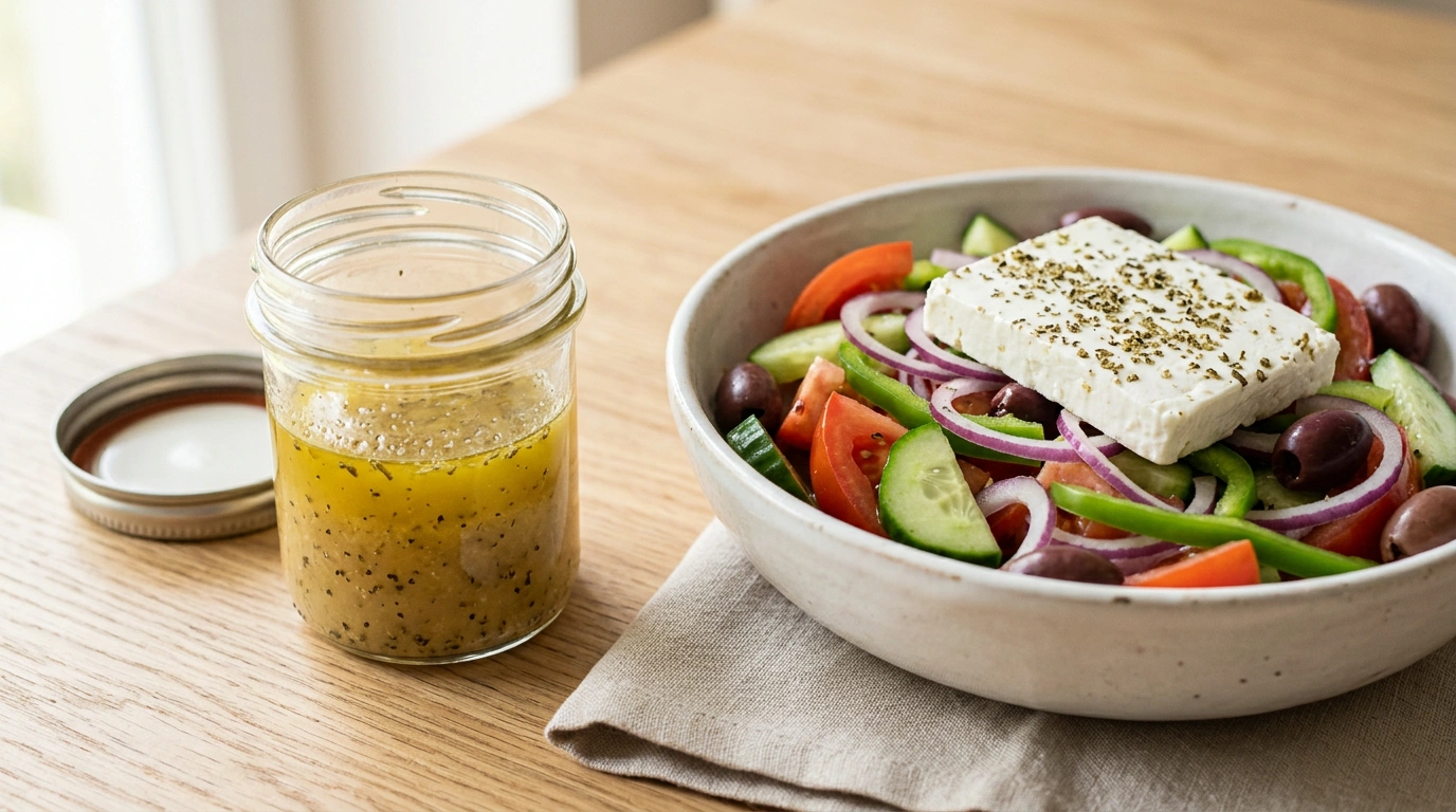 Słoik z sosem vinaigrette obok miski sałatki greckiej