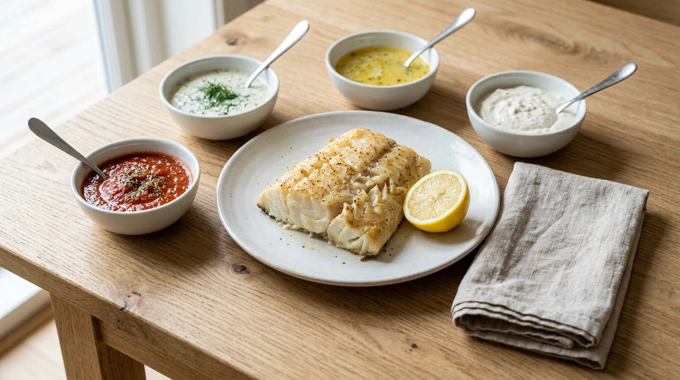 Filet pieczonego dorsza z ćwiartką cytryny na talerzu, wokół cztery miseczki z sosami: kremowym z koperkiem, żółtym maślanym, białym chrzanowym i czerwonym pomidorowym