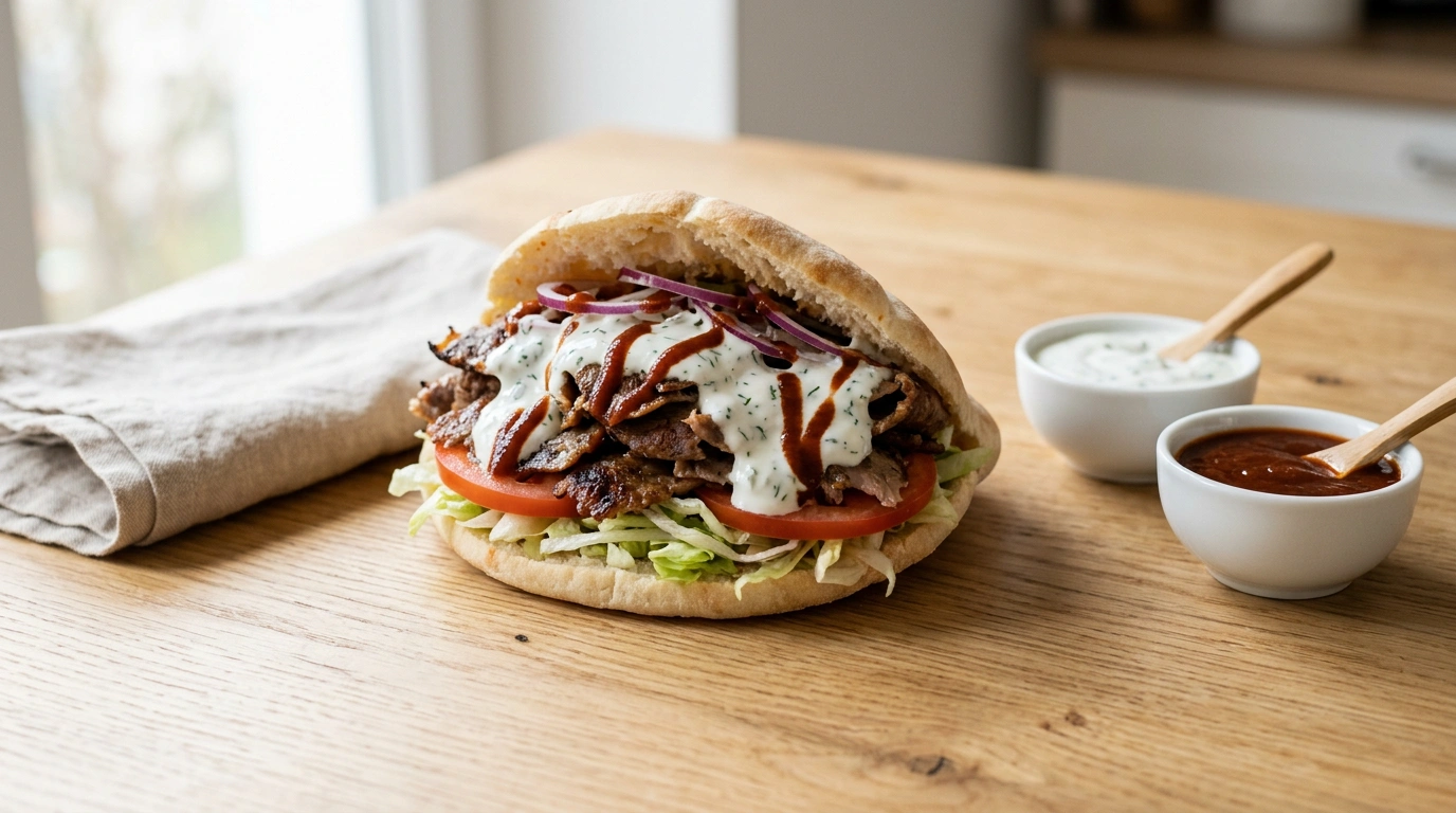 Kebab w bułce pita z mięsem, sałatą i pomidorem, polany białym sosem czosnkowym i czerwonym ostrym sosem, obok dwie miseczki z sosami